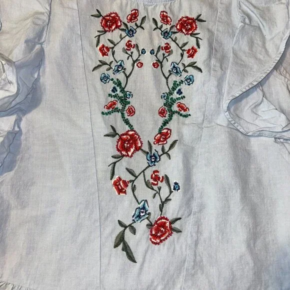 ZARA Embroidered Floral Ruffle Blouse - Light Blue Cotton - XS - Picture 2 of 10